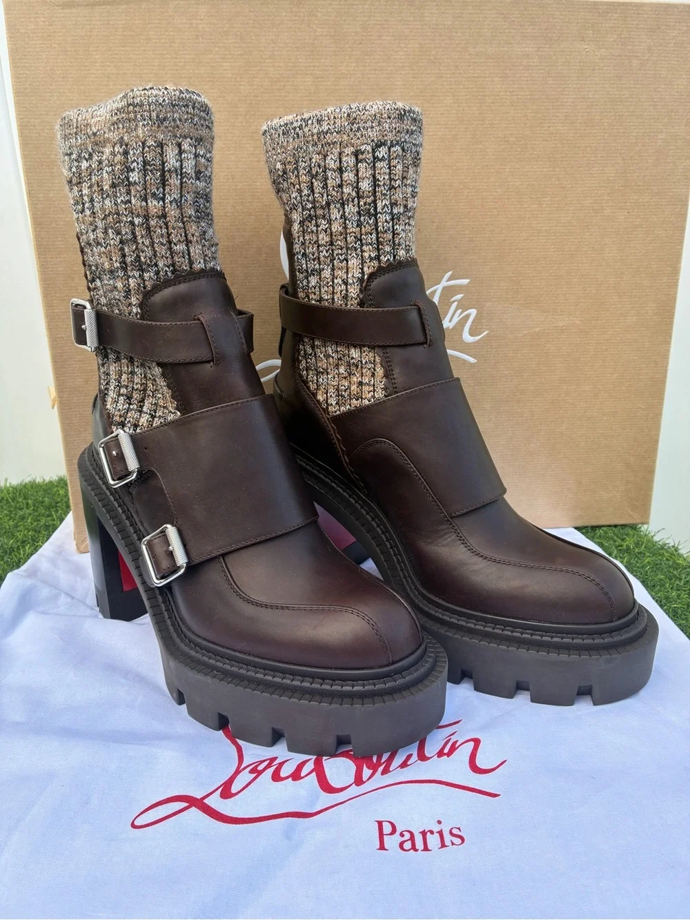 CHRISTIAN LOUBOUTIN CORTINETTA COLLEGE BROWN LEATHER ANKLE BLOCK HEEL BOOT 38.5